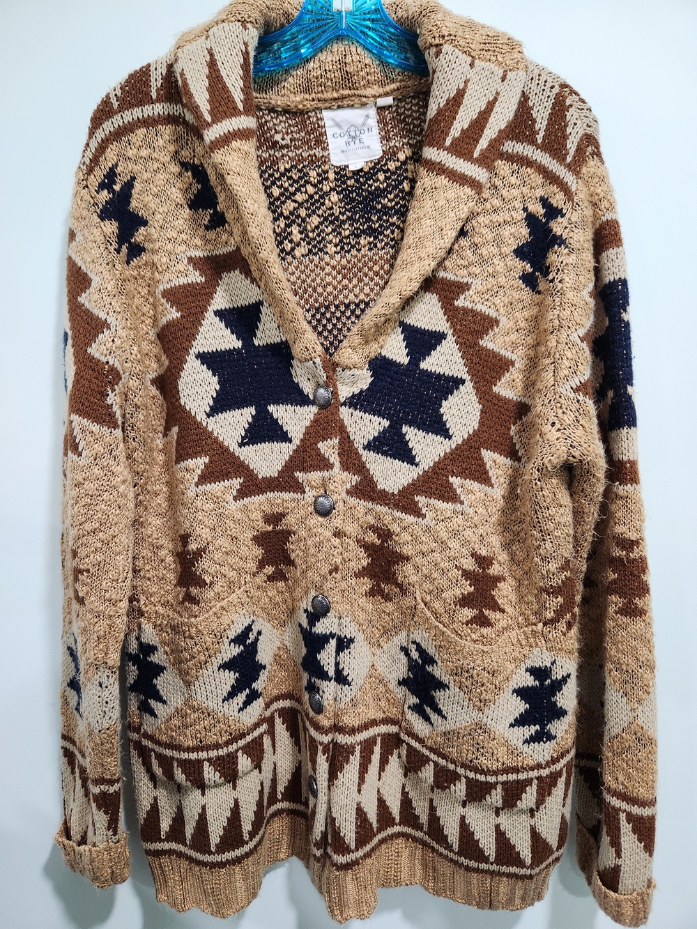 Cotton Rye Outfitters Shawl Collar Aztec Cardigan in Tan, Brown & Black